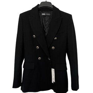 NEW Zara black double breasted blazer gold crest buttons shoulder pads jacket L